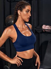 Powerista Women's Solid Color Trimmed Cropped Fitted Sports Bra (Seamless Style) - Navy Blue - View 7