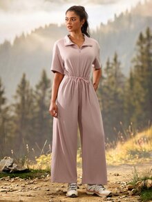 Exploreva Jumpsuit Kasual Wanita Warna Polos Berlipit untuk Aktivitas Luar Ruangan Sehari-hari - Merah - View 5
