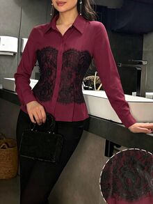Modelyn 黑白設計蕾絲拼接襯衫領長袖修身女款時尚百搭優雅上衣 - 酒紅色 - 查看 6