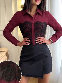 Modelyn 黑白設計蕾絲拼接襯衫領長袖修身女款時尚百搭優雅上衣 - 酒紅色 - 查看 8