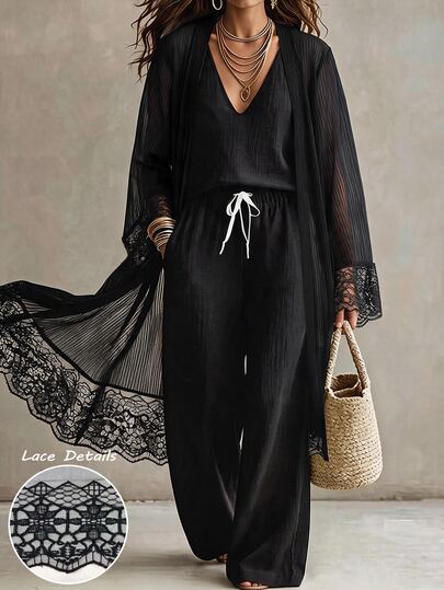 SHEIN CURVE+ Women's Plus Size Sheer Striped Textured Patchwork Lace Design Fashion Minimalist Long Sleeve Long Cardigan Coat, Elegant Versatile For Shopping, Dating, Commuting And Daily Wear