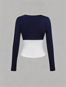 Elamini 2 In 1 Tie Front Lace Trim Tee - Navy Blue - View 2