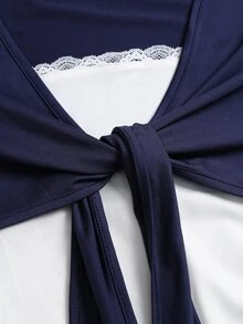 Elamini 2 In 1 Tie Front Lace Trim Tee - Navy Blue - View 7