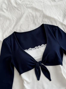 Elamini 2 In 1 Tie Front Lace Trim Tee - Navy Blue - View 5