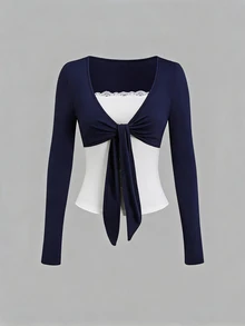 Elamini 2 In 1 Tie Front Lace Trim Tee - Navy Blue - View 4