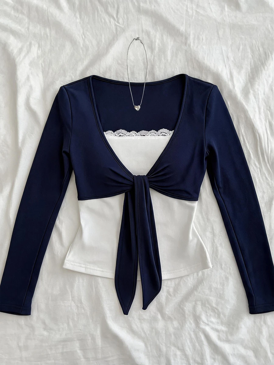 Elamini 2 In 1 Tie Front Lace Trim Tee - Navy Blue - View 1