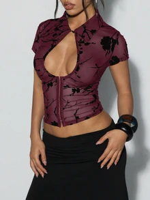 EgrlEra Flocked Burnout Cutout Sheer Sexy Blouse Going Out Clubbing Dark Red Summer - Burgundy - View 4