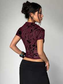 EgrlEra Flocked Burnout Cutout Sheer Sexy Blouse Going Out Clubbing Dark Red Summer - Burgundy - View 2