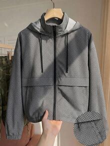 SHEIN EZwear 大尺碼女款格紋拉鍊連帽休閒日常夾克外套 秋季 - 黑與白 - 查看 3