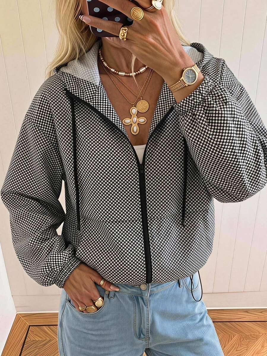 SHEIN EZwear 大尺碼女款格紋拉鍊連帽休閒日常夾克外套 秋季
