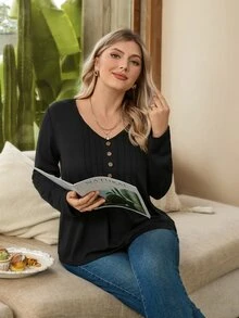 EMERY ROSE Plus Size Women's V-Neck Long Sleeve Button Decor Casual T-Shirt, Spring & Summer Fall - Black - View 5