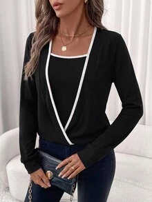 SHEIN Clasi 女款休閒黑白對比色極簡重疊設計長袖運動衫，適合度假、通勤、教師、返校、秋季 - 黑與白 - 查看 6