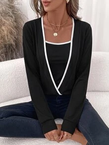 SHEIN Clasi 女款休閒黑白對比色極簡重疊設計長袖運動衫，適合度假、通勤、教師、返校、秋季 - 黑與白 - 查看 5