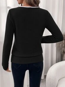 SHEIN Clasi 女款休閒黑白對比色極簡重疊設計長袖運動衫，適合度假、通勤、教師、返校、秋季 - 黑與白 - 查看 2