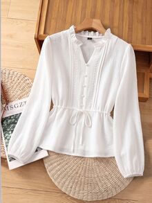 Rusticease Áo peplum viền bèo, eo rút dây - trắng - Xem 4