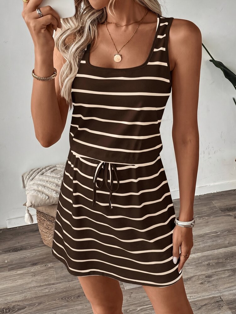 SHEIN LUNE Summer/ Women's U-Neck Sleeveless Waist-Cinched Drawstring Fashion Brown Striped Print Casual Vacation Tank Dress Picnic Travel Vacation - Brown - View 7