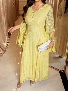 Reflora Plus Size Elegant Party Solid Color Lace Dress Fall - Yellow - View 5
