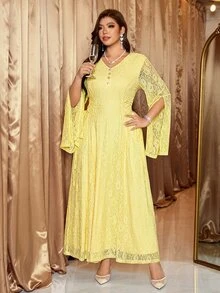 Reflora Plus Size Elegant Party Solid Color Lace Dress Fall - Yellow - View 6