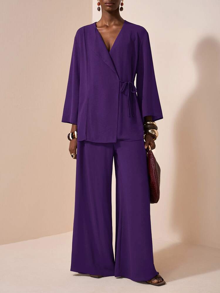 Zivah Plus Size Casual Formal Elegant Wrap Top And Wide Leg Pants Set Suitable For Everyday Wear In Purple Suits Women Pantsuit Wedding Office Dinner Autumn - Purple - View 10