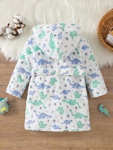 Boys' Simple Dinosaur Print Thick Fleece Long-Sleeve Hooded Tie Robe, Warm Comfy Long Pajamas For Fall/Winter - Multicolor - View 2