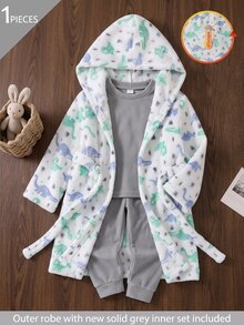 Boys' Simple Dinosaur Print Thick Fleece Long-Sleeve Hooded Tie Robe, Warm Comfy Long Pajamas For Fall/Winter - Multicolor - View 9