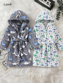 Boys' Simple Dinosaur Print Thick Fleece Long-Sleeve Hooded Tie Robe, Warm Comfy Long Pajamas For Fall/Winter - Multicolor - View 1