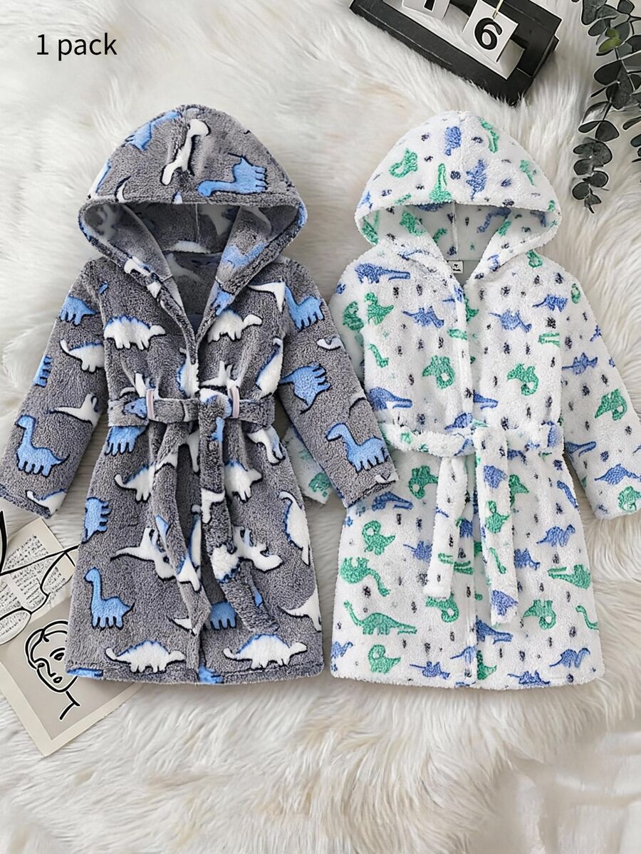 Boys' Simple Dinosaur Print Thick Fleece Long-Sleeve Hooded Tie Robe, Warm Comfy Long Pajamas For Fall/Winter - Multicolor - View 1