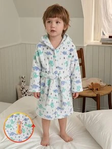 Boys' Simple Dinosaur Print Thick Fleece Long-Sleeve Hooded Tie Robe, Warm Comfy Long Pajamas For Fall/Winter - Multicolor - View 7