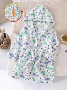 Boys' Simple Dinosaur Print Thick Fleece Long-Sleeve Hooded Tie Robe, Warm Comfy Long Pajamas For Fall/Winter - Multicolor - View 5