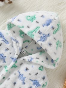 Boys' Simple Dinosaur Print Thick Fleece Long-Sleeve Hooded Tie Robe, Warm Comfy Long Pajamas For Fall/Winter - Multicolor - View 6