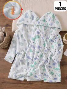 Boys' Simple Dinosaur Print Thick Fleece Long-Sleeve Hooded Tie Robe, Warm Comfy Long Pajamas For Fall/Winter - Multicolor - View 8