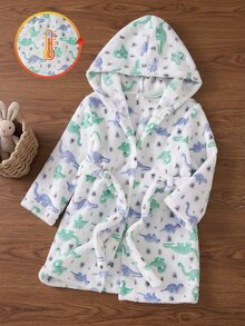 Boys' Simple Dinosaur Print Thick Fleece Long-Sleeve Hooded Tie Robe, Warm Comfy Long Pajamas For Fall/Winter - Multicolor - View 4