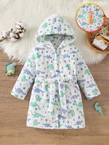 Boys' Simple Dinosaur Print Thick Fleece Long-Sleeve Hooded Tie Robe, Warm Comfy Long Pajamas For Fall/Winter - Multicolor - View 3
