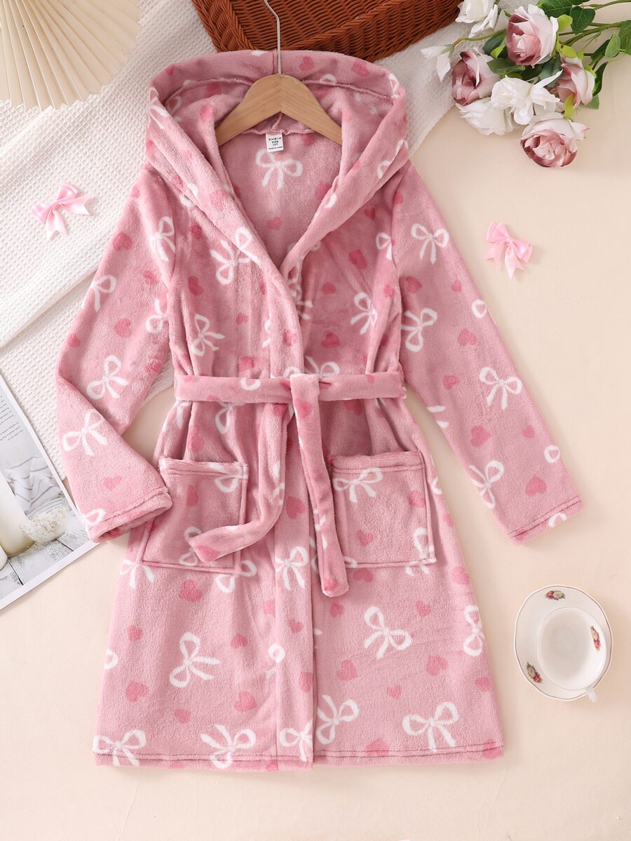 Girls' Long Sleeve Strawberry Print Hooded Long Robe Loungewear, Plush, Autumn/Winter
