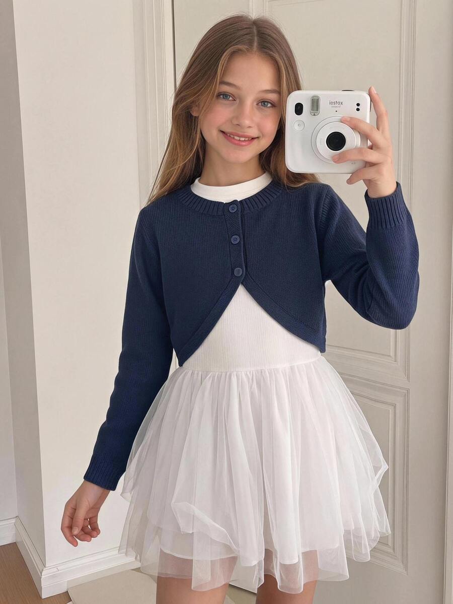 Tween Girl Navy Blue Casual Versatile Short Cardigan - Navy Blue - View 1