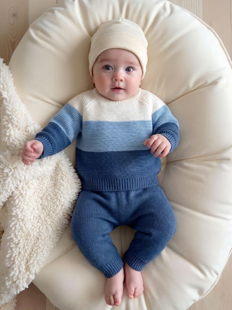Souflis Spring Autumn Winter Baby Gradient Striped Knit Set, Infant Toddler Round Neck Raglan Pullover Sweater And Long Pants, Simple 2 Pieces Soft Versatile Boys Casual Outfit - Blue - View 3