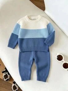 Souflis Spring Autumn Winter Baby Gradient Striped Knit Set, Infant Toddler Round Neck Raglan Pullover Sweater And Long Pants, Simple 2 Pieces Soft Versatile Boys Casual Outfit - Blue - View 2
