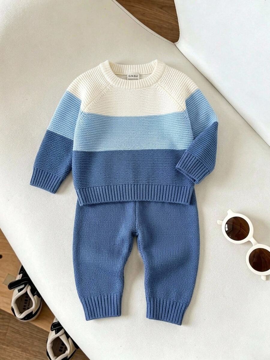 Souflis Spring Autumn Winter Baby Gradient Striped Knit Set, Infant Toddler Round Neck Raglan Pullover Sweater And Long Pants, Simple 2 Pieces Soft Versatile Boys Casual Outfit