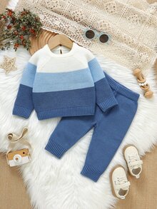 Souflis Spring Autumn Winter Baby Gradient Striped Knit Set, Infant Toddler Round Neck Raglan Pullover Sweater And Long Pants, Simple 2 Pieces Soft Versatile Boys Casual Outfit - Blue - View 6