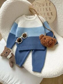 Souflis Spring Autumn Winter Baby Gradient Striped Knit Set, Infant Toddler Round Neck Raglan Pullover Sweater And Long Pants, Simple 2 Pieces Soft Versatile Boys Casual Outfit - Blue - View 5