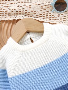 Souflis Spring Autumn Winter Baby Gradient Striped Knit Set, Infant Toddler Round Neck Raglan Pullover Sweater And Long Pants, Simple 2 Pieces Soft Versatile Boys Casual Outfit - Blue - View 9