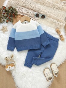 Souflis Spring Autumn Winter Baby Gradient Striped Knit Set, Infant Toddler Round Neck Raglan Pullover Sweater And Long Pants, Simple 2 Pieces Soft Versatile Boys Casual Outfit - Blue - View 10