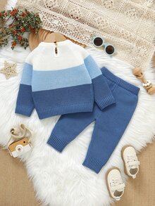 Souflis Spring Autumn Winter Baby Gradient Striped Knit Set, Infant Toddler Round Neck Raglan Pullover Sweater And Long Pants, Simple 2 Pieces Soft Versatile Boys Casual Outfit - Blue - View 3