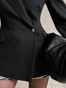 MOTF PREMIUM ELEGANT WOOL BLEND WIDE SHOULDER ASYMMETRIC PLACKET METAL BUTTON DECOR AUTUMN/WINTER BLAZER - Black - View 6