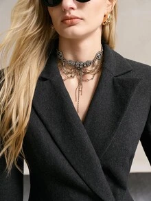 MOTF PREMIUM ELEGANT WOOL BLEND WIDE SHOULDER ASYMMETRIC PLACKET METAL BUTTON DECOR AUTUMN/WINTER BLAZER - Black - View 1