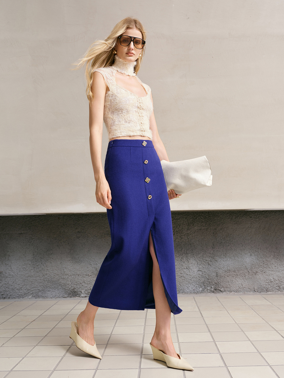 MOTF ELEGANT ROYAL BLUE METAL BUCKLE DECOR AUTUMN/WINTER WOOL BLEND FRONT SLIT SKIRT