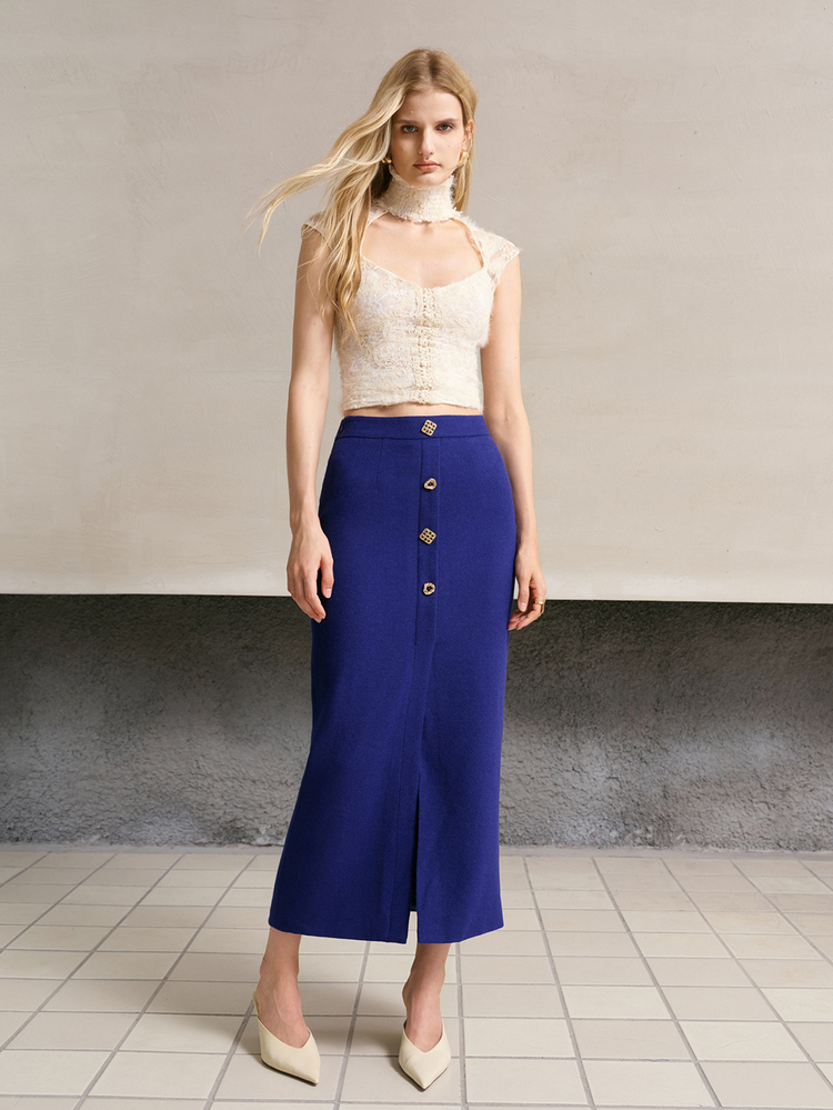 MOTF PREMIUM Rok belahan depan campuran wol musim gugur/musim dingin dengan dekorasi gesper logam biru royal yang elegan. - Royal Blue - View 5