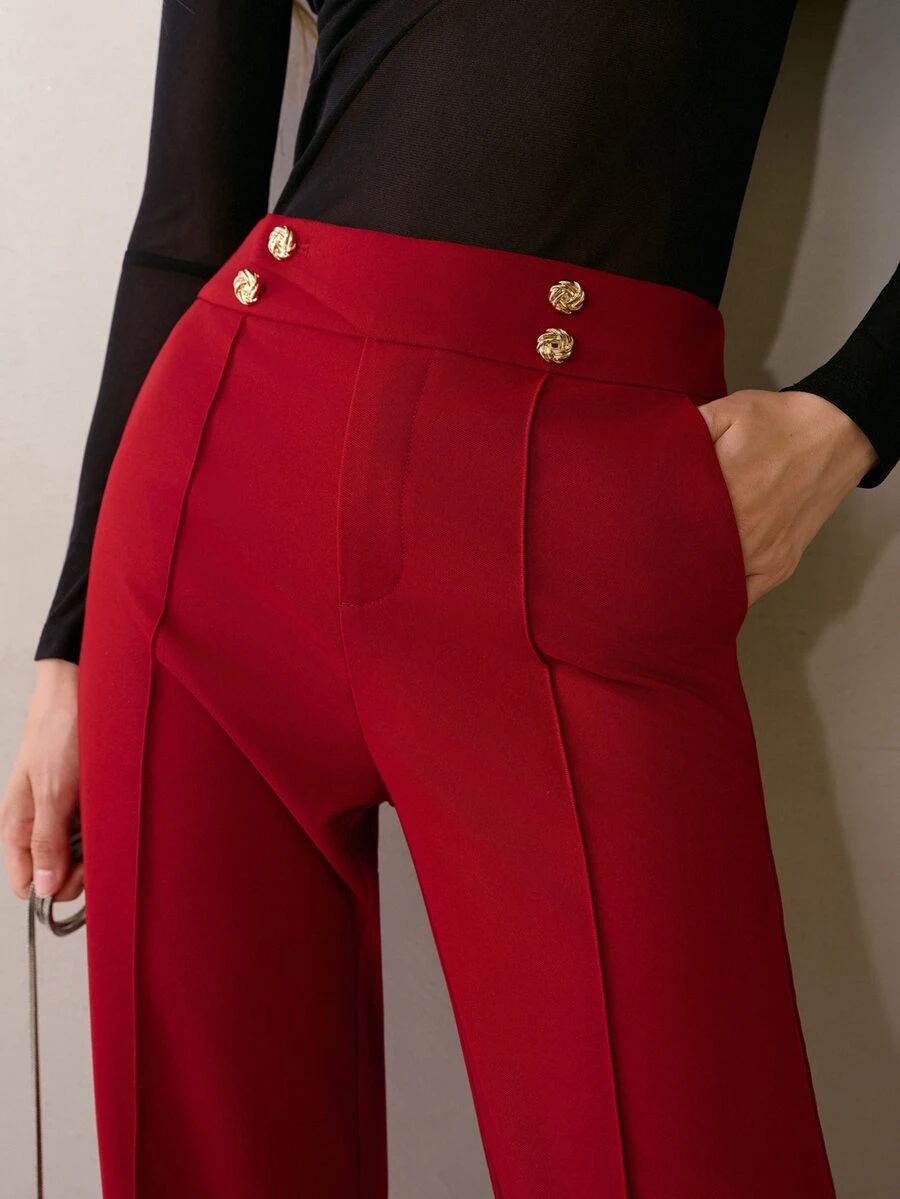 MOTF PREMIUM ASYMMETRICAL PLACKET METAL BUTTON DECOR SUIT PANTS - Burgundy - View 2