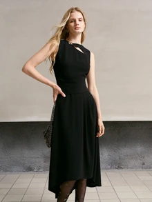 MOTF PREMIUM ELEGANT METAL BUTTON DECOR FRONT SHORT BACK LONG MID-LENGTH DRESS - Black - View 5