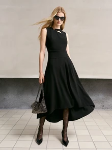 MOTF PREMIUM ELEGANT METAL BUTTON DECOR FRONT SHORT BACK LONG MID-LENGTH DRESS - Black - View 6
